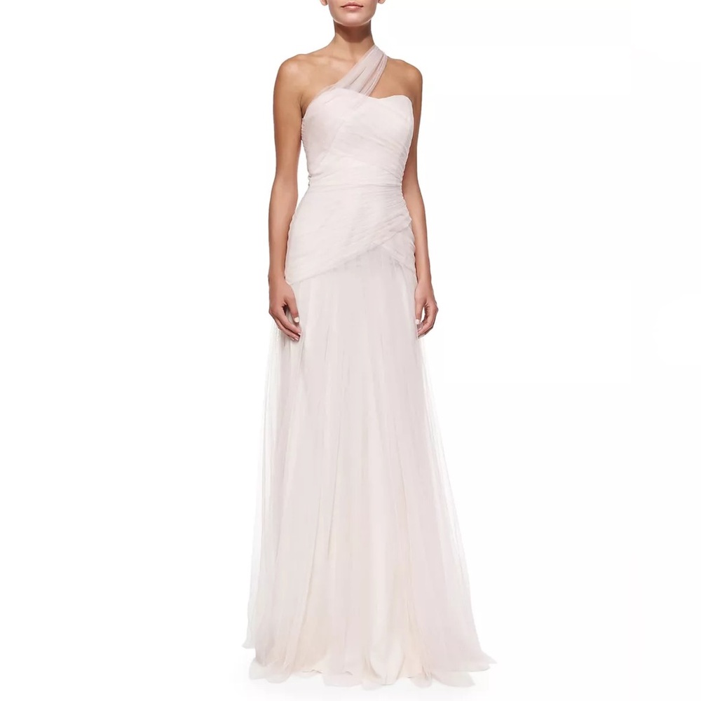 Monique Lhuillier Bridesmaids Fallen Rose Petal Gown Pink One Shoulder Maxi | 2